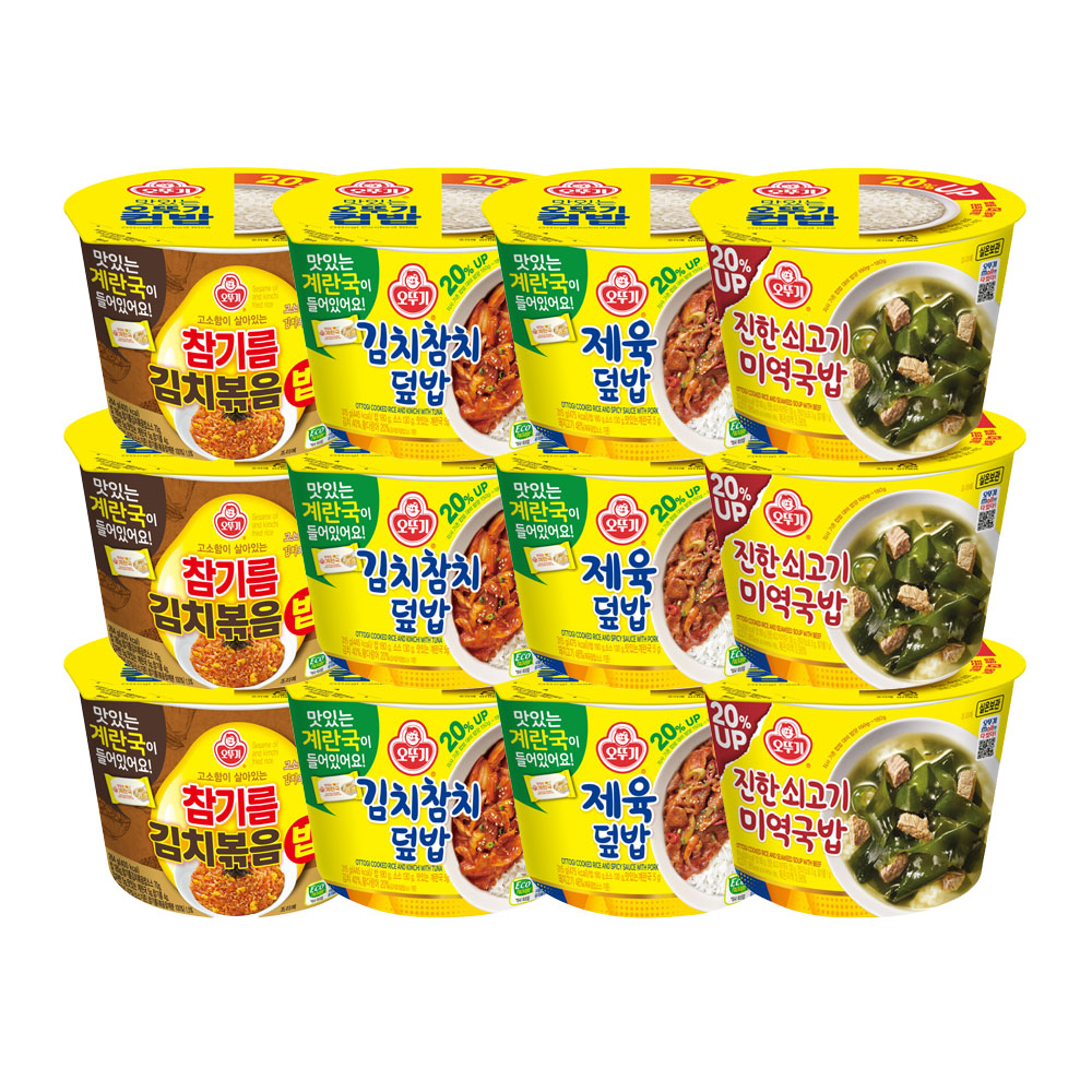 오뚜기 컵밥 참기름김치볶음 + 김치참치 + 제육 + 진한쇠고기미역국밥 각 3개 총 12개 - 상품 이미지