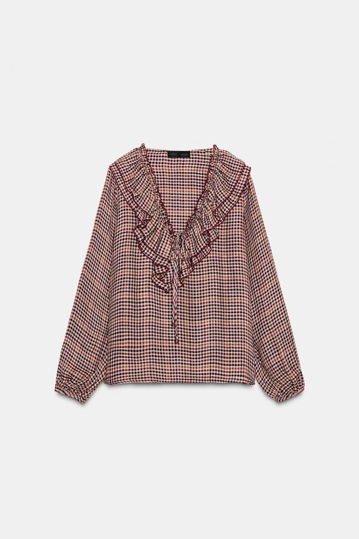 자라 러플 체크 브이넥 블라우스 5029/222 BROWN / ECRU - 메인 이미지
