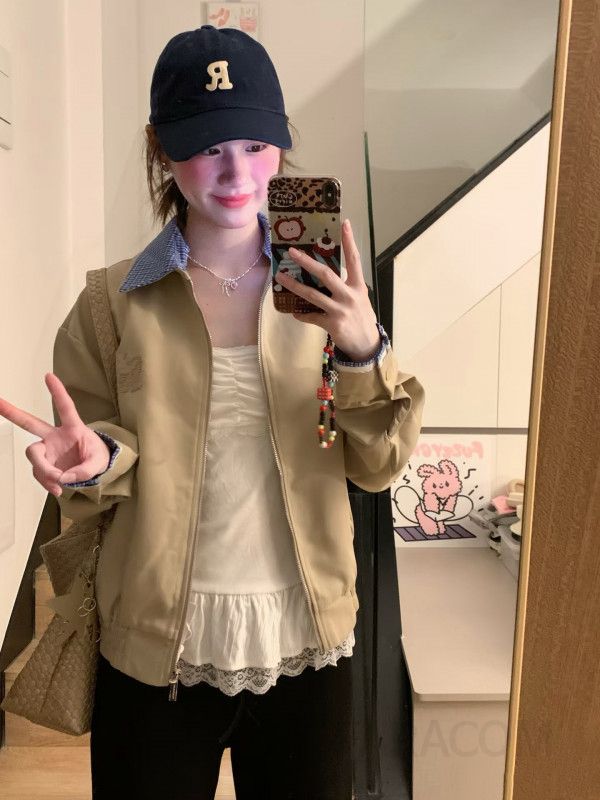 여성 빅사이즈 카라넥 집업 자켓 아우터 간절기 바람막이 루즈핏 오버핏 베이직 캐주얼 데일리 점퍼 봄 가을 - 상세 이미지 5