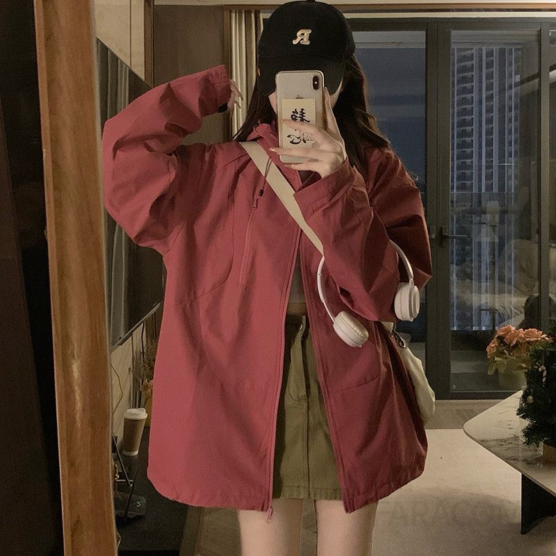 여성 빅사이즈 방수 방풍 바람막이 후드 자켓 아우터 데일리 루즈핏 간절기 점퍼 봄 가을 - 상세 이미지 4