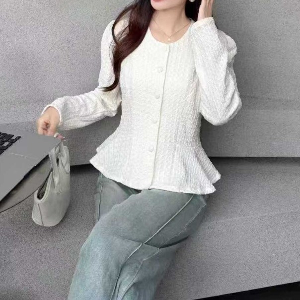 사방스판 퍼프소매 프릴블라우스 허리슬림핏 자켓대용 여리핏 긴팔 - 상품 이미지