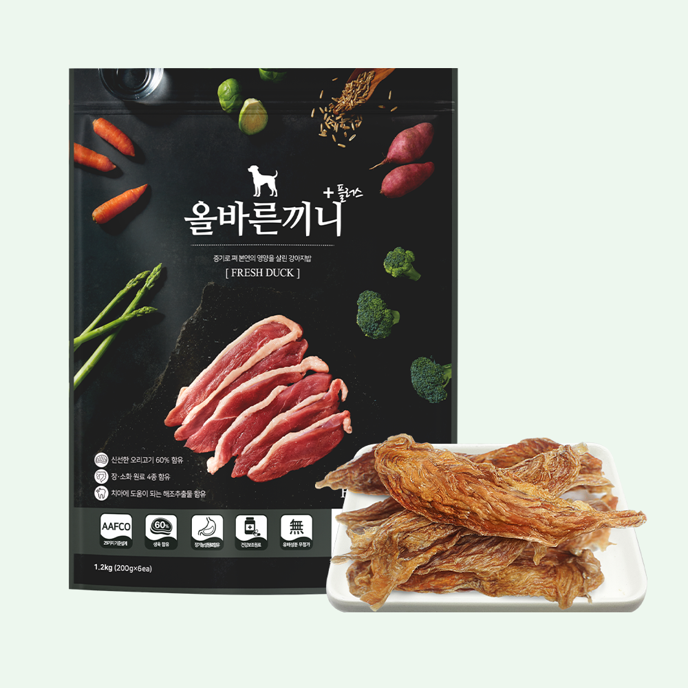 올바른끼니 오리 본품 + 치킨안심육포 강아지사료 기호성 좋은 노령견 노견 퍼피 애견사료 간식 혼합 세트 - 상품 이미지