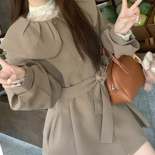 (YY) 여성스러운 트렌치 코트 라운드 카라 핀턱 스트랩 자켓 큐티한 여성 캐주얼 데일리룩 아우터 - 상세 이미지 3
