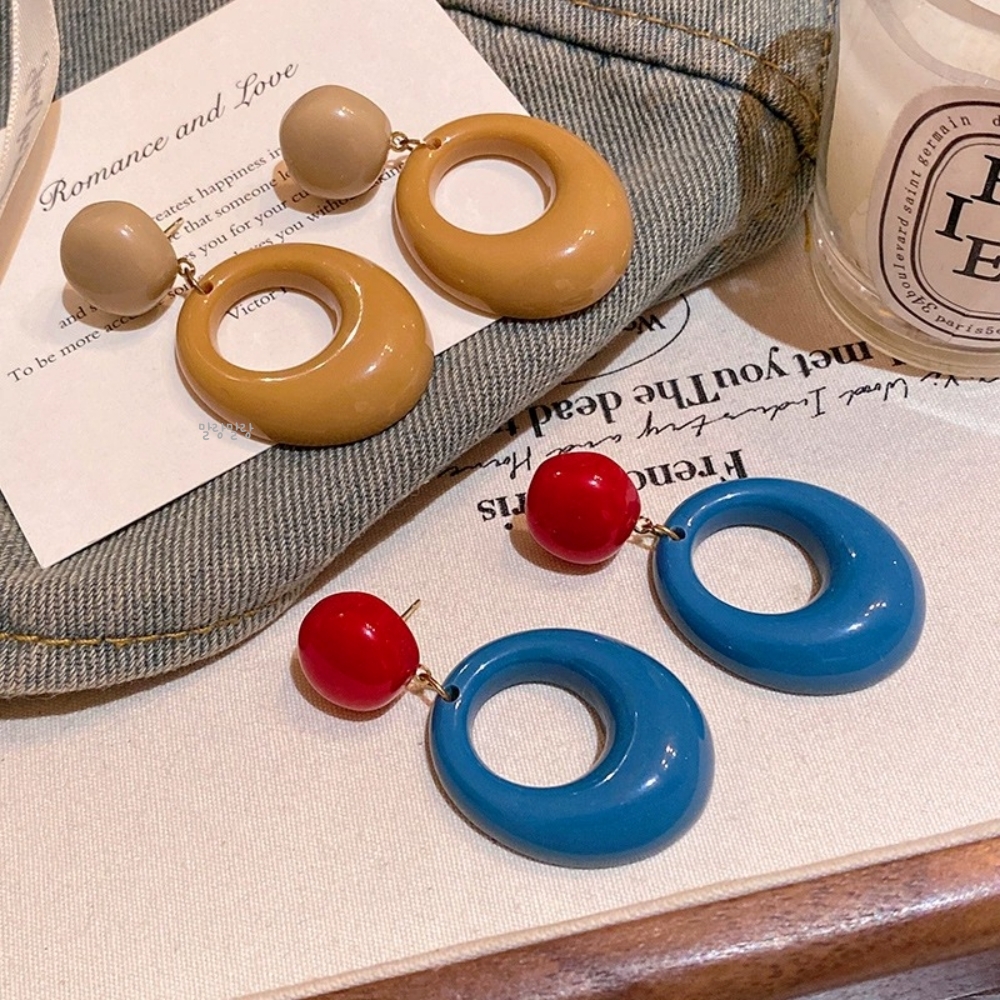 비비드 컬러 오픈링 드롭 귀걸이 감성 레트로 유니크 이어링 - 상세 이미지 5