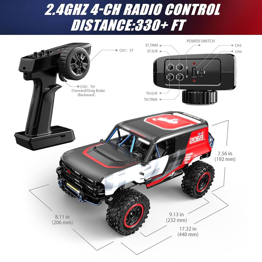 MJX H12P 1/12 포드 브롱코 R 브러시리스 RC 크롤러, 포털 액슬이 장착된 방수 4X4 오프로드 록 트럭, 하드 케이스 라이선스 리모컨 배터리 2개가 RTR 올 터레인 - 상세 이미지 2