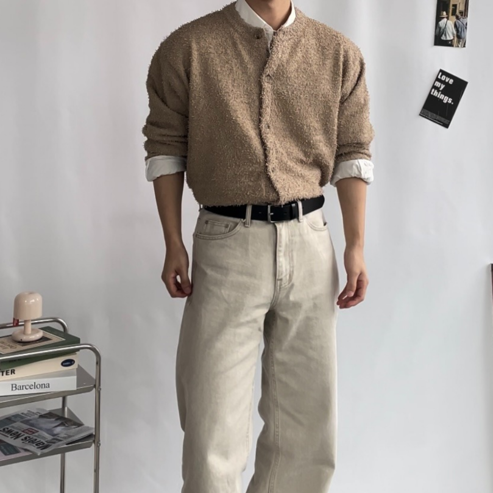 남자크롭가디건 간절기 오버핏 루즈핏 가디건 코디 울 봄 가을 하객룩 - 상세 이미지 5