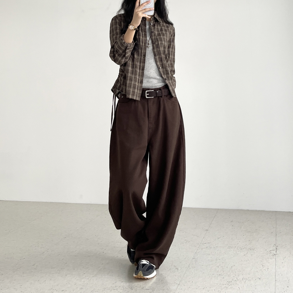 기모와이드팬츠 여성 가을 겨울 벌룬핏 면 코튼 브라운 블랙 체크온 팬츠 - 상세 이미지 3