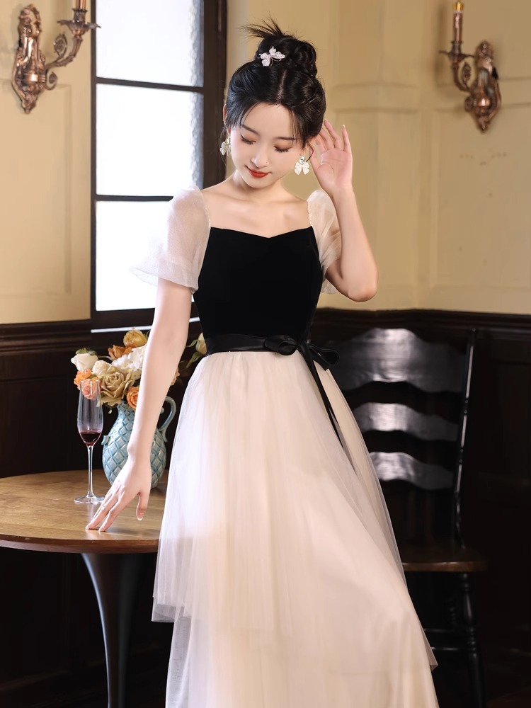 연주용드레스 시상식 돌잔치 파티 드레스 피아노 연주회 촬영 원피스 블랙 앤 화이트 XS - 상세 이미지 2