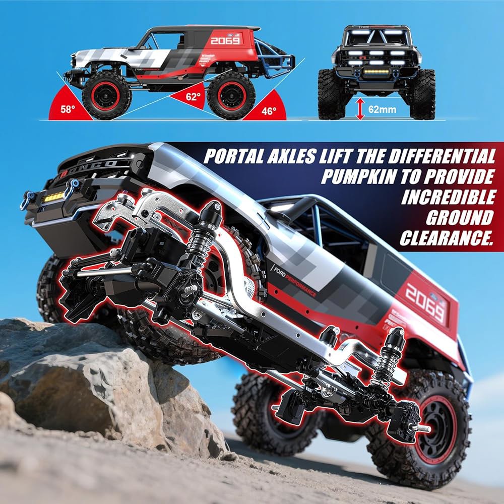MJX H12P 1/12 포드 브롱코 R 브러시리스 RC 크롤러, 포털 액슬이 장착된 방수 4X4 오프로드 록 트럭, 하드 케이스 라이선스 리모컨 배터리 2개가 RTR 올 터레인 - 상세 이미지 3