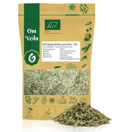[해외]OmVeda 농 유칼립투스 잎 절단 150g I 말린 잎차 자연스럽고 향긋함 차, 인퓨전 및 허브 블렌드에 함 물 [B0DX7GLS75]