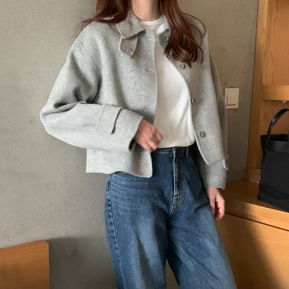프리미엄 핸드메이드 싱글 오버핏 여성 울자켓 숏 크롭 헤링본 재킷 가을 겨울 여자 자켓 - 메인 이미지