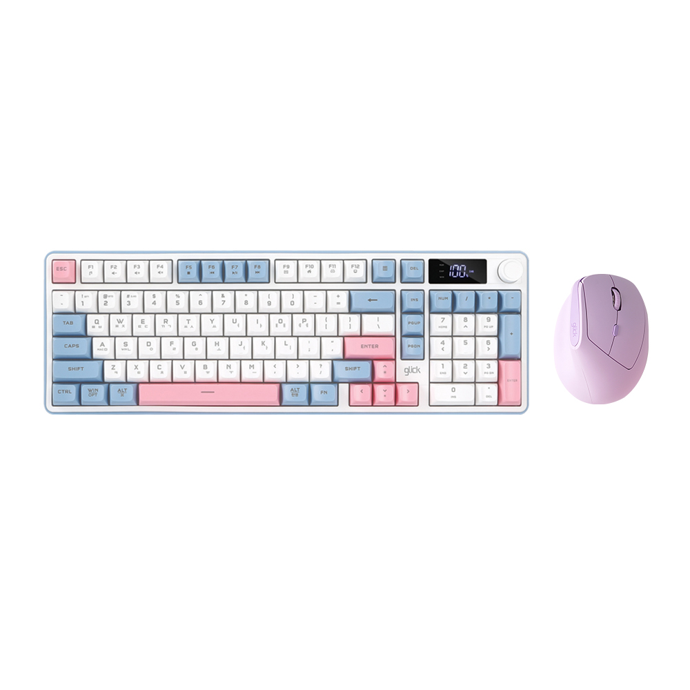 지클릭커 오피스프로 WMK600 사일런스 M RGB 풀윤활 무소음 방수 무선 블루투스 LCD 98 키보드 마우스 세트 Sky Pink - 상품 이미지