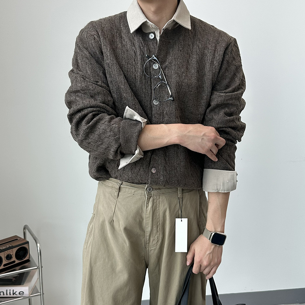 남자 가디건 오버핏 캐시미어 케이블 꽈배기 니트 가디건 - 메인 이미지