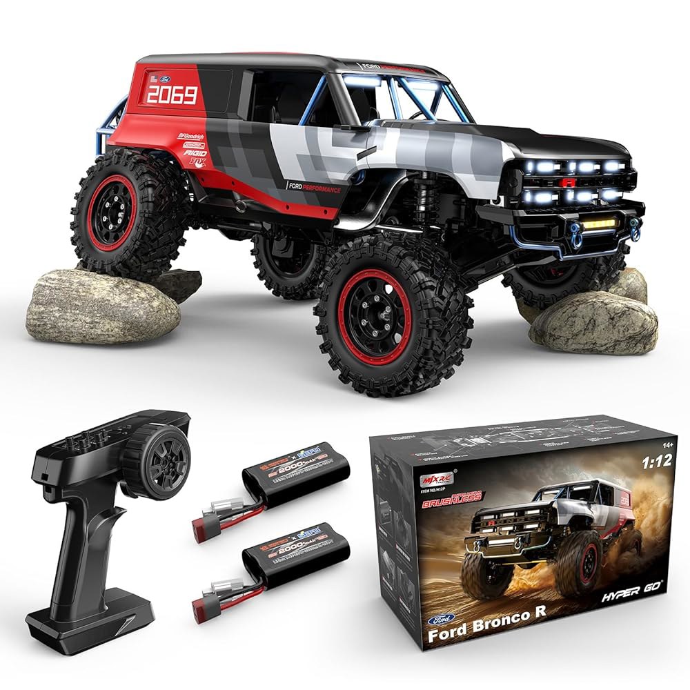 MJX H12P 1/12 포드 브롱코 R 브러시리스 RC 크롤러, 포털 액슬이 장착된 방수 4X4 오프로드 록 트럭, 하드 케이스 라이선스 리모컨 배터리 2개가 RTR 올 터레인 - 상품 이미지