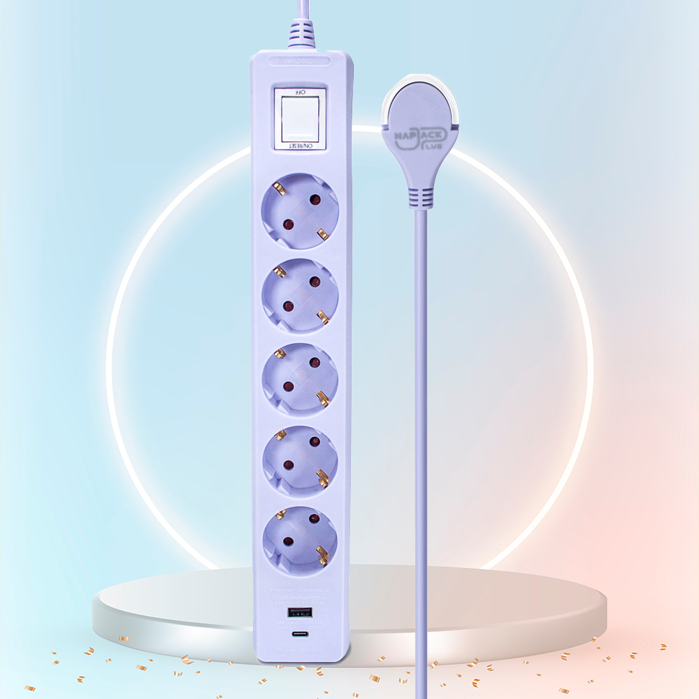 러그박스 5구 멀티탭 USB-C 타입 납작 플러그 안전커버 포함 1.5m, 퍼플, 1개 - 메인 이미지