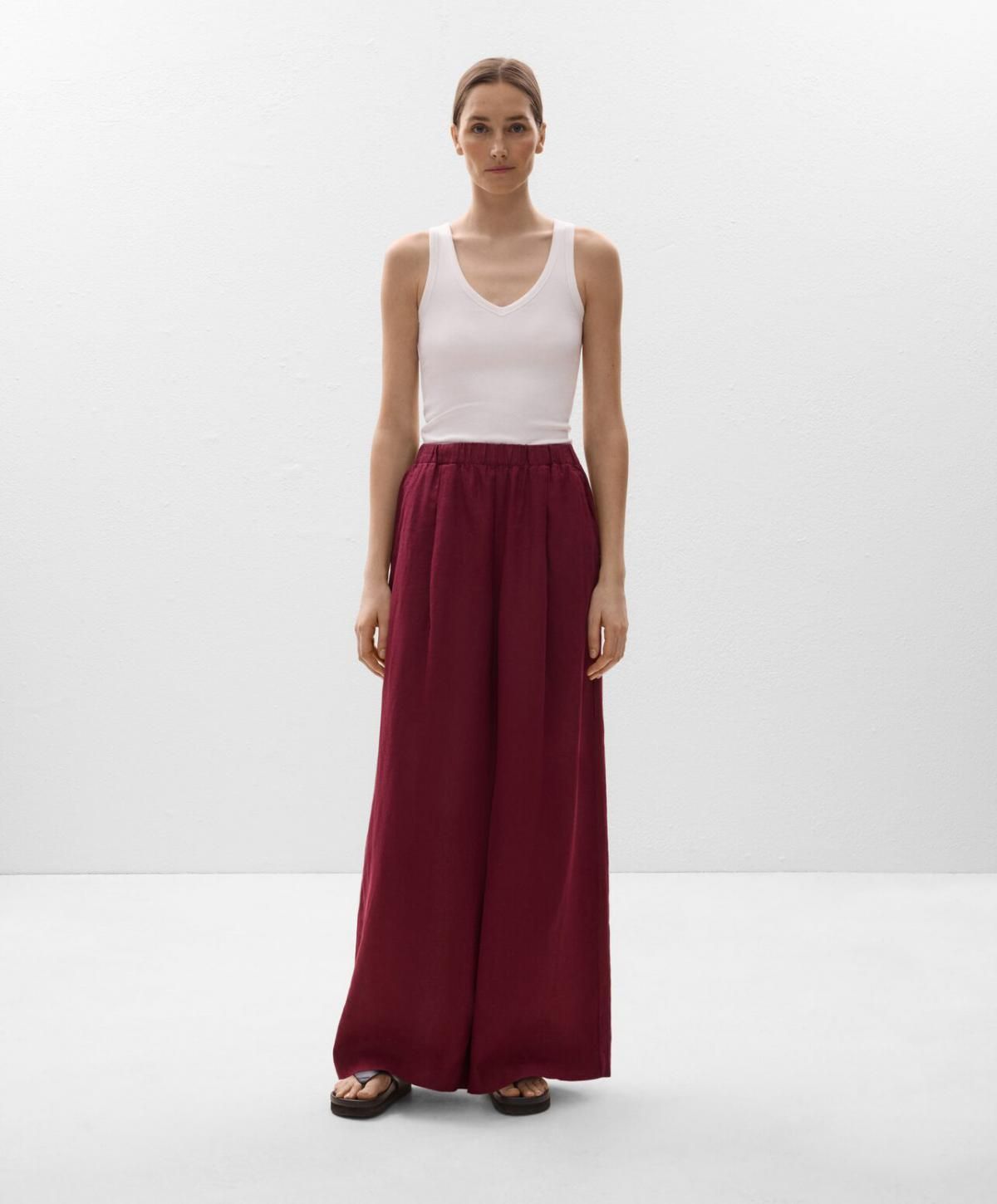 오이쇼 린넨 와이드 스트레이트 팬츠 밴딩 웨이스트 버건디 0334/473 BURGUNDY - 상세 이미지 2