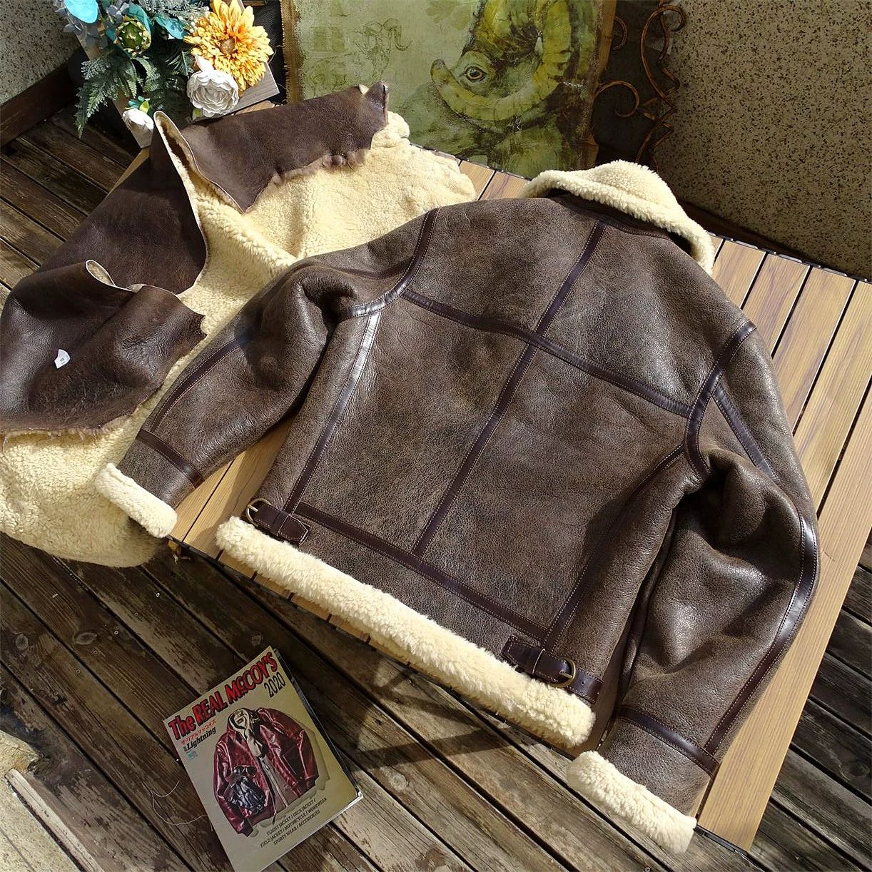 무스탕 양가죽 자켓 양털 겨울 라이더 점퍼 다크브라운 크랙드 베이지 퍼 M 60~67.5kg - 상세 이미지 3