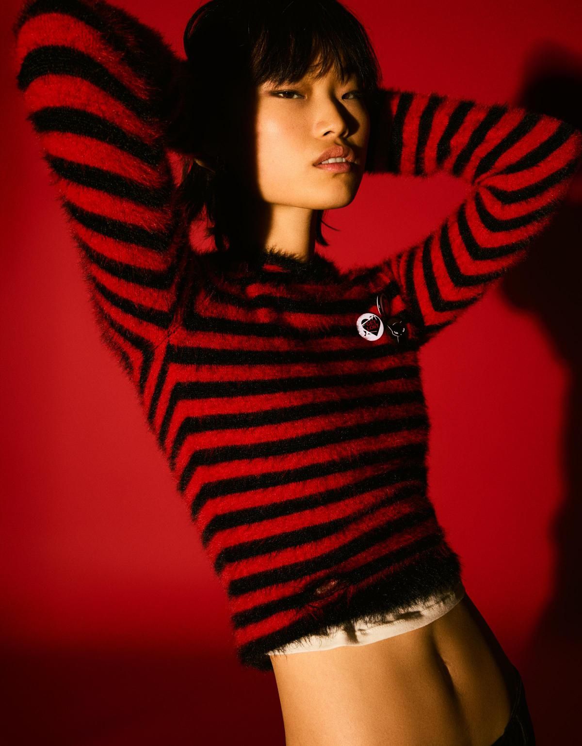 버쉬카 스트라이프 크롭 후드 스웨트셔츠 7132/604 RED - 상세 이미지 4