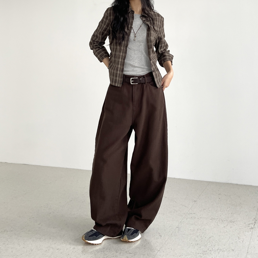 기모와이드팬츠 여성 가을 겨울 벌룬핏 면 코튼 브라운 블랙 체크온 팬츠 - 상세 이미지 2