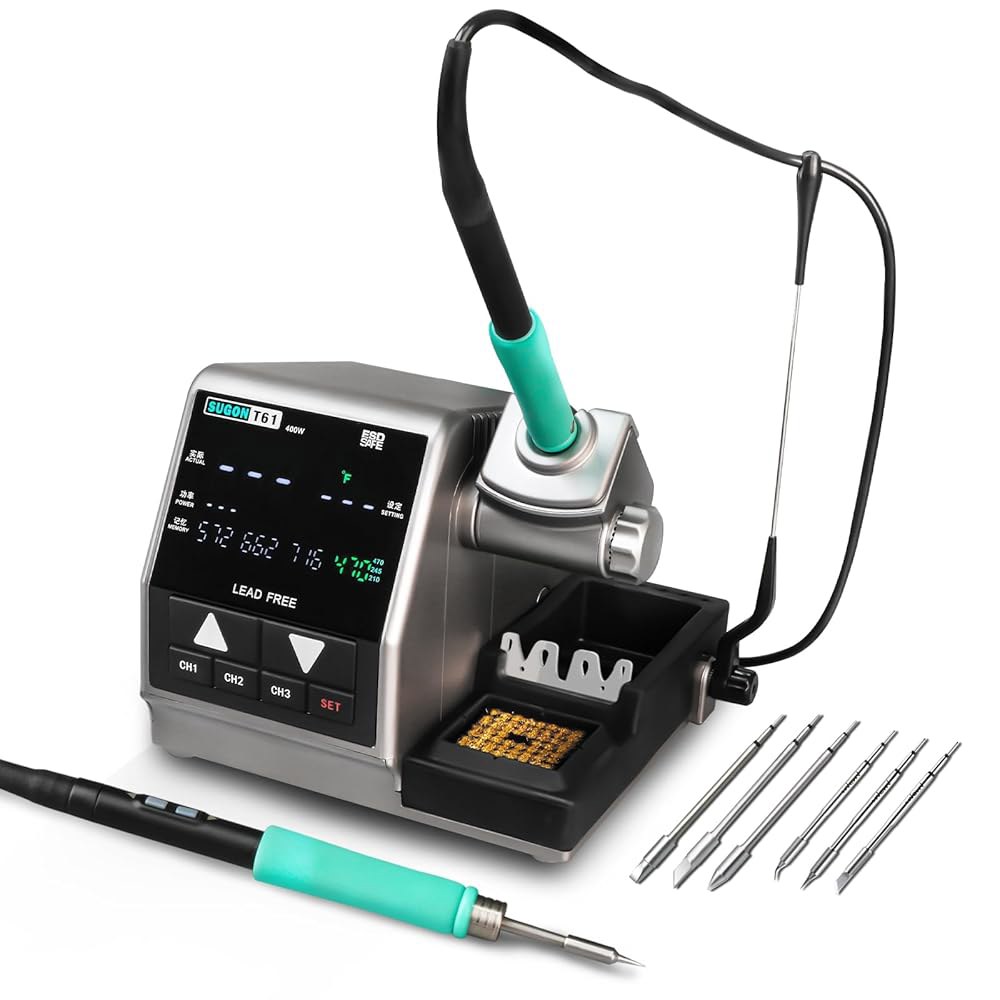 SUGON T61 400W 디지털 납땜 아이언 스테이션, C470 및 C245 핸들과 팁 6개, 212 F-932 F, 2S 고속 열, 슬립 모드, 3개의 프리셋 채널, C/ F, - 상품 이미지