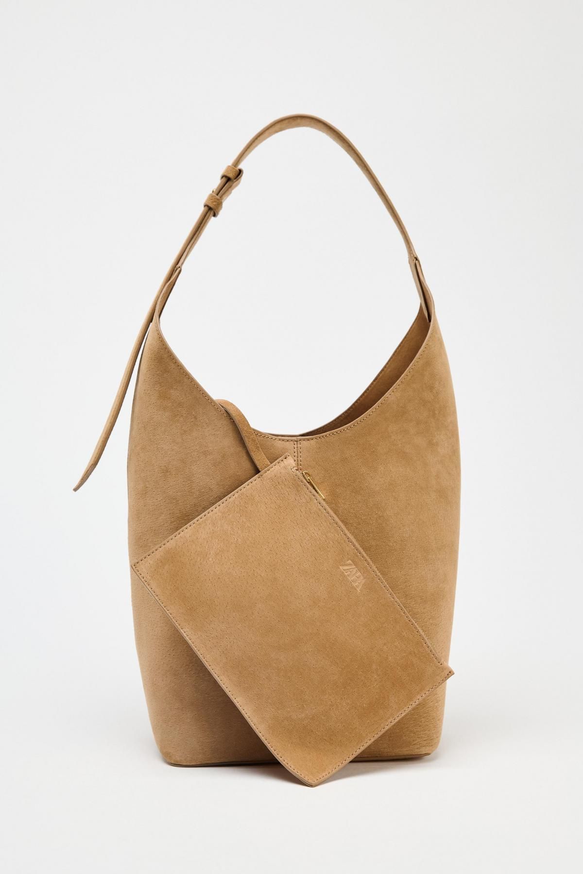 자라 스웨이드 레더 베이직 버킷백 핸들 디테일 6099/510 SAND/BROWN - 상세 이미지 5