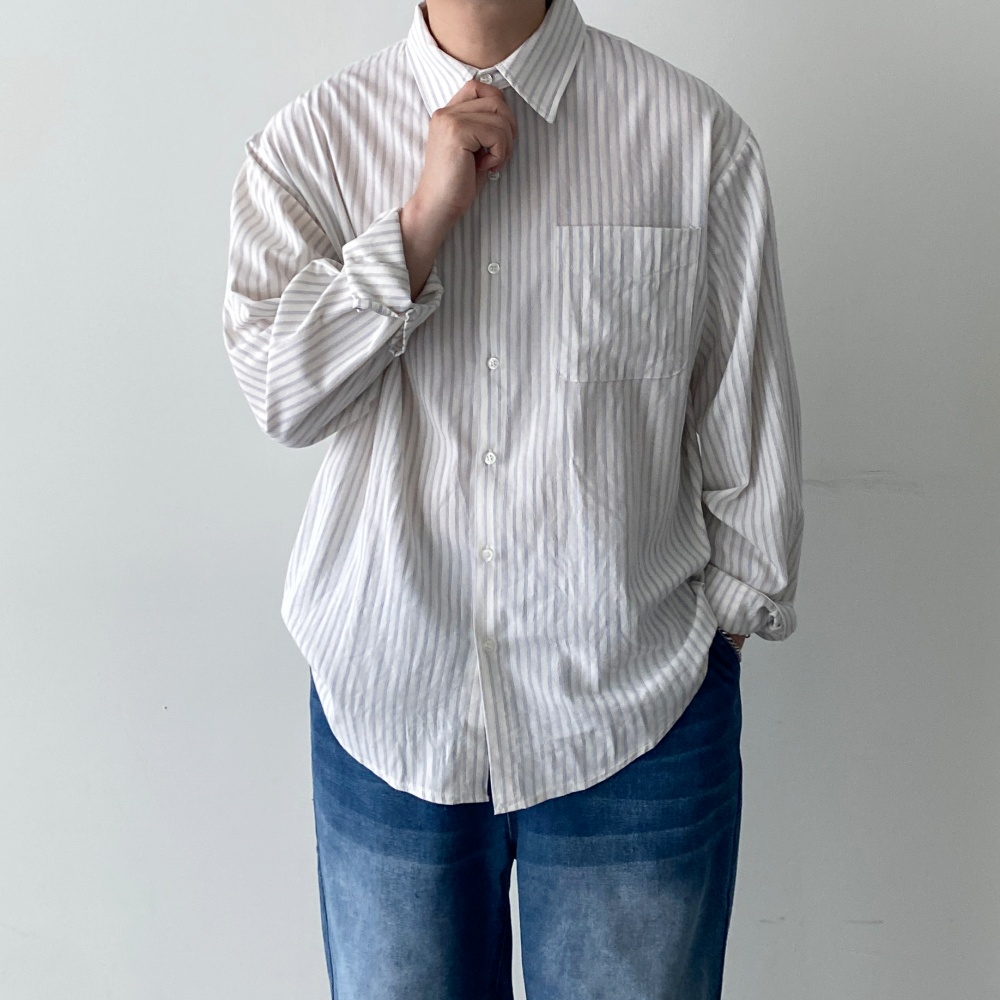 봄 가을 남자스트라이프셔츠 오버핏 긴팔 캐주얼 단가라남방 - 상세 이미지 2