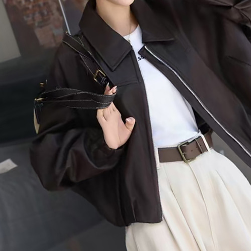 (YY) 멋스러운 여성 크롭 점퍼 카라 핀턱 숏 레더 블루종 자켓 시크한 캐주얼 데일리룩 아우터 - 상세 이미지 4