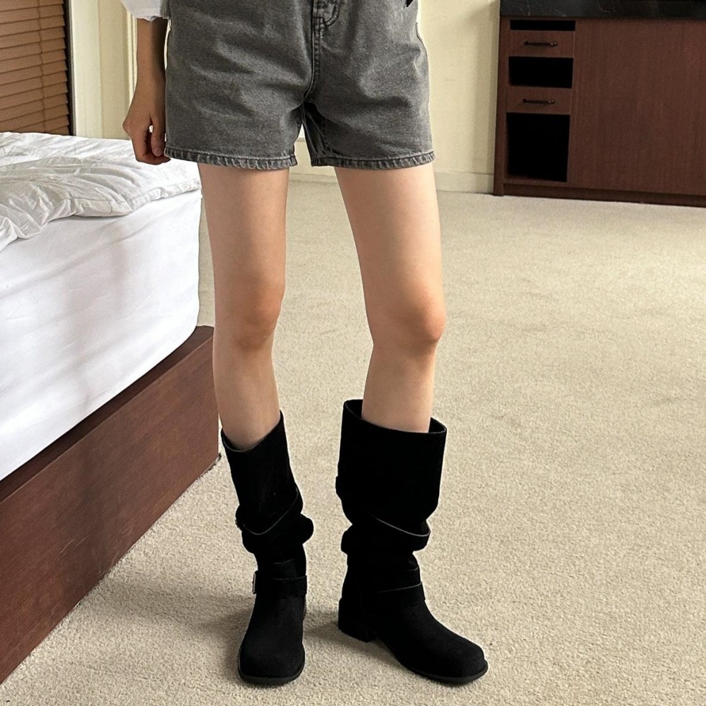 스웨이드 가을 부츠 통넓은 통큰 브라운 버클 부츠 셔링 롱부츠 코디 베이지 - 상세 이미지 3