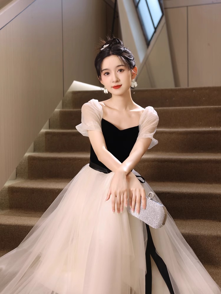 연주용드레스 시상식 돌잔치 파티 드레스 피아노 연주회 촬영 원피스 블랙 앤 화이트 XS - 상세 이미지 3