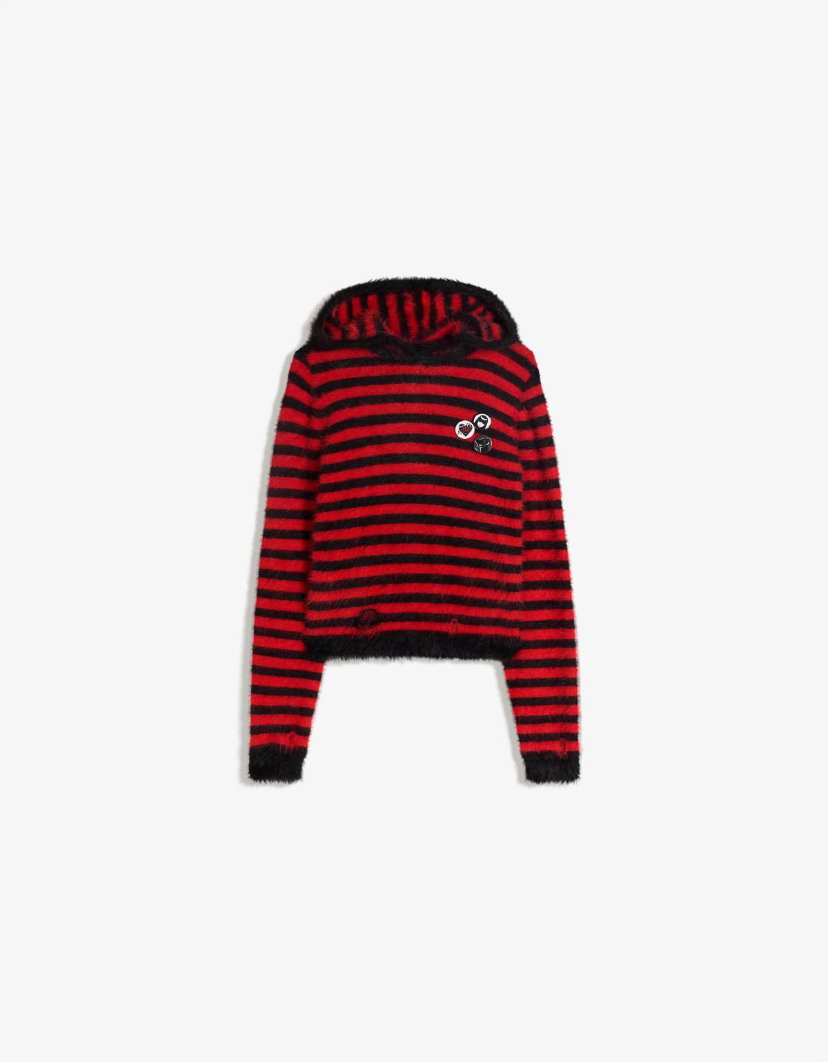 버쉬카 스트라이프 크롭 후드 스웨트셔츠 7132/604 RED - 메인 이미지