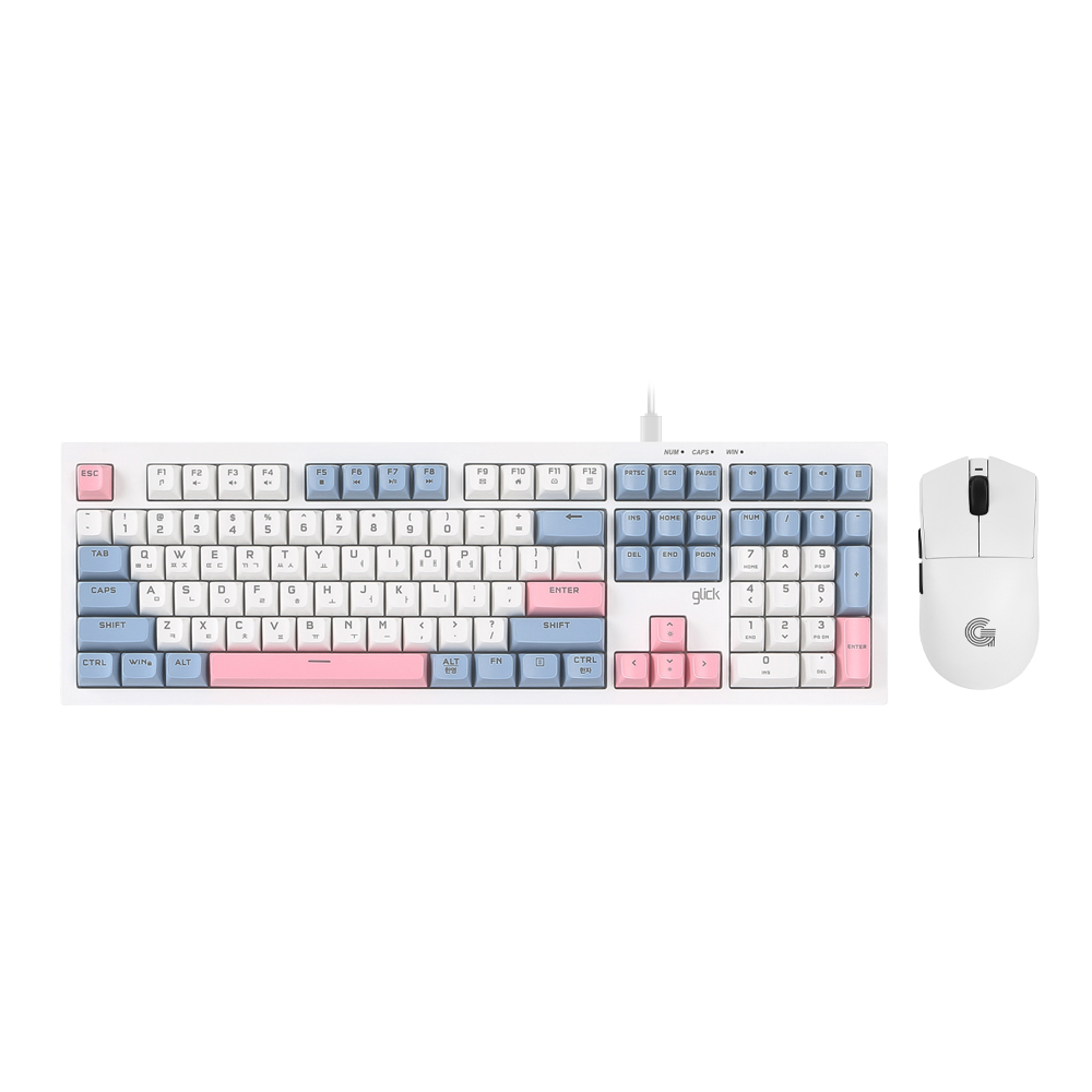 지클릭커 오피스프로 OPS990 사일런스 M RGB 무소음 방수 키보드 무선 마우스 세트 108 Sky Pink - 상품 이미지