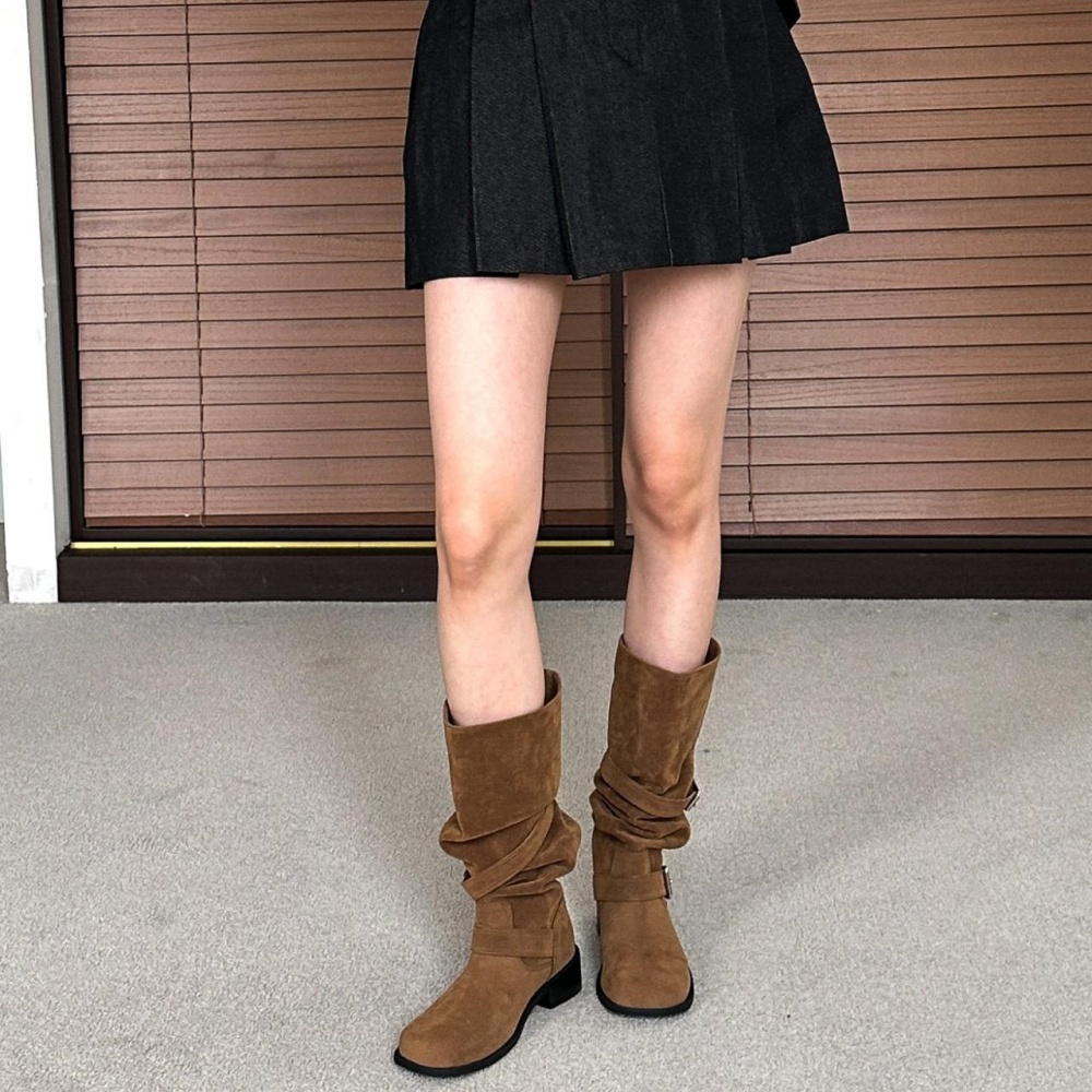 스웨이드 가을 부츠 통넓은 통큰 브라운 버클 부츠 셔링 롱부츠 코디 베이지 - 상세 이미지 5