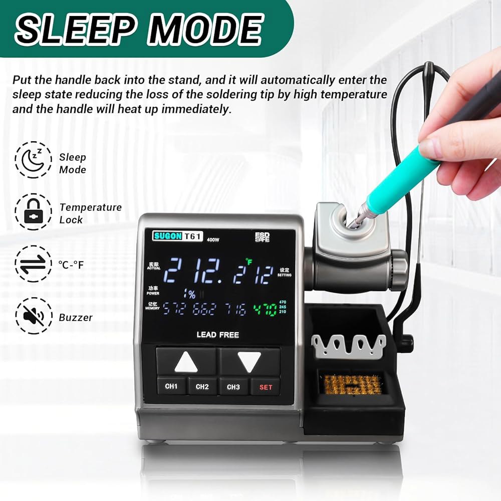 SUGON T61 400W 디지털 납땜 아이언 스테이션, C470 및 C245 핸들과 팁 6개, 212 F-932 F, 2S 고속 열, 슬립 모드, 3개의 프리셋 채널, C/ F, - 상세 이미지 3