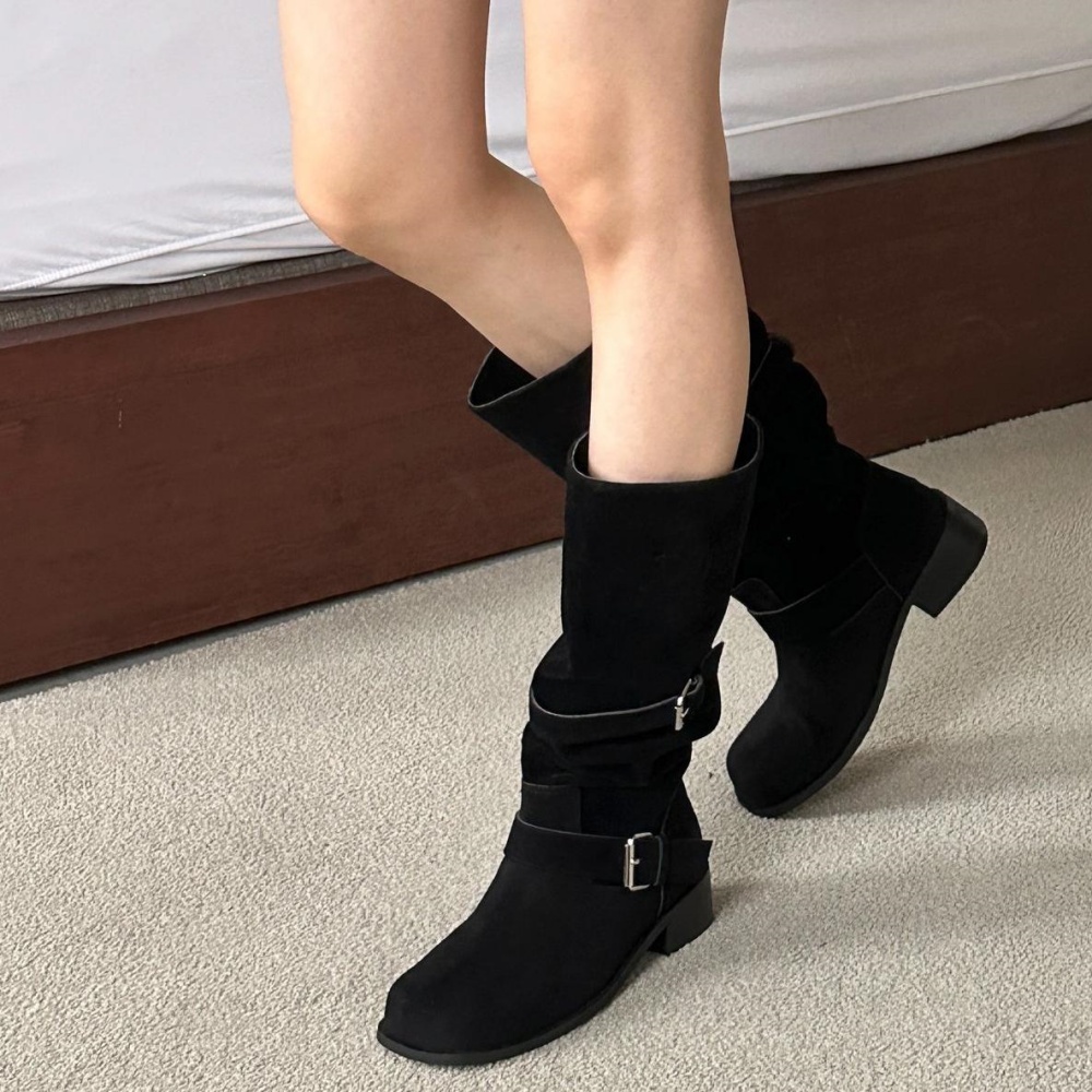 스웨이드 가을 부츠 통넓은 통큰 브라운 버클 부츠 셔링 롱부츠 코디 베이지 - 상세 이미지 2