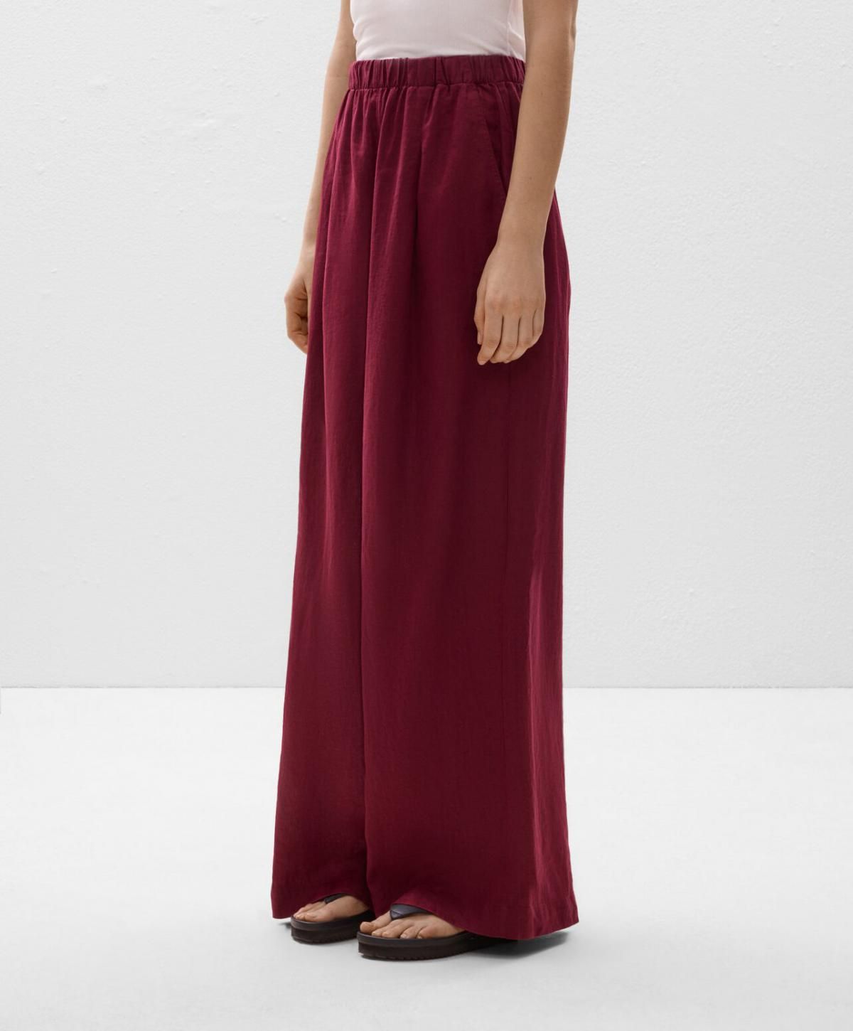 오이쇼 린넨 와이드 스트레이트 팬츠 밴딩 웨이스트 버건디 0334/473 BURGUNDY - 상품 이미지