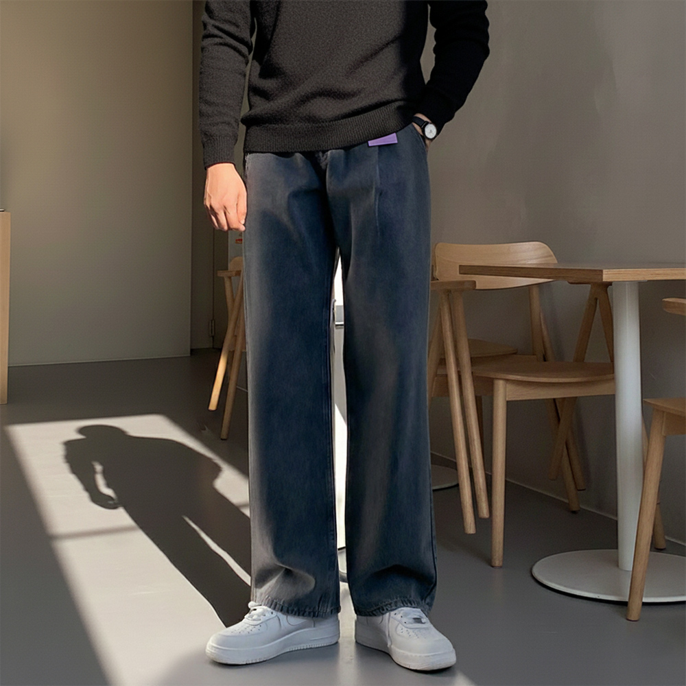 1+1 남자기모청바지 블랙진 겨울 통청바지 - 메인 이미지
