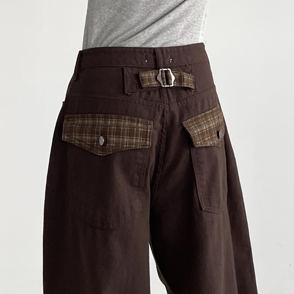 기모와이드팬츠 여성 가을 겨울 벌룬핏 면 코튼 브라운 블랙 체크온 팬츠 - 상세 이미지 5