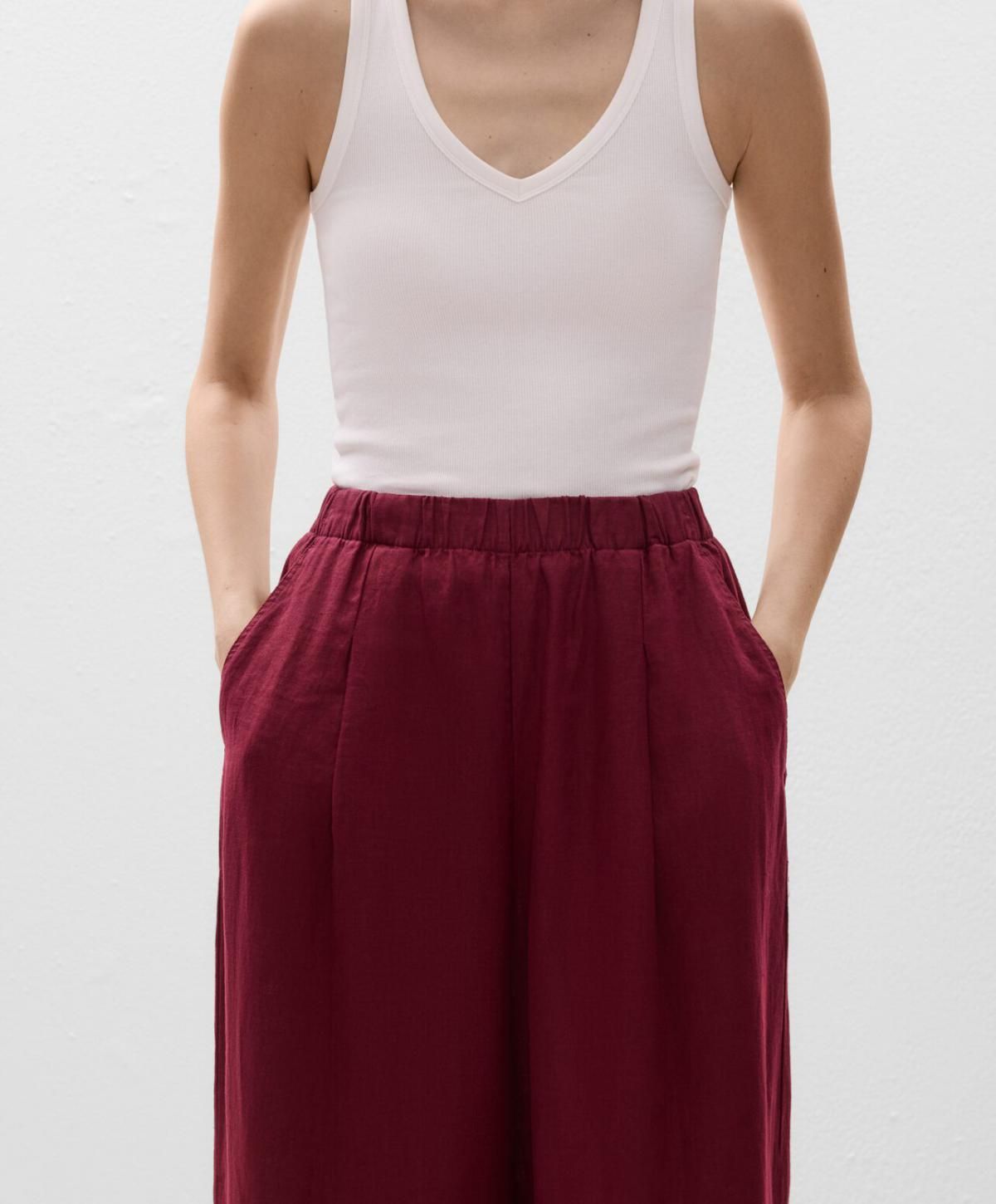 오이쇼 린넨 와이드 스트레이트 팬츠 밴딩 웨이스트 버건디 0334/473 BURGUNDY - 상세 이미지 3