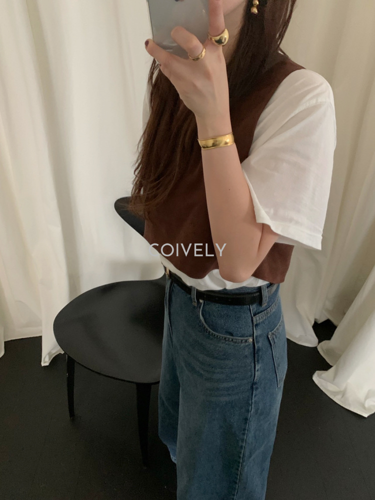 코튼 레이어드 세미크롭반팔티 여자 크롭 티셔츠 기본 여성 가을 티셔츠 라운드 - 상세 이미지 4