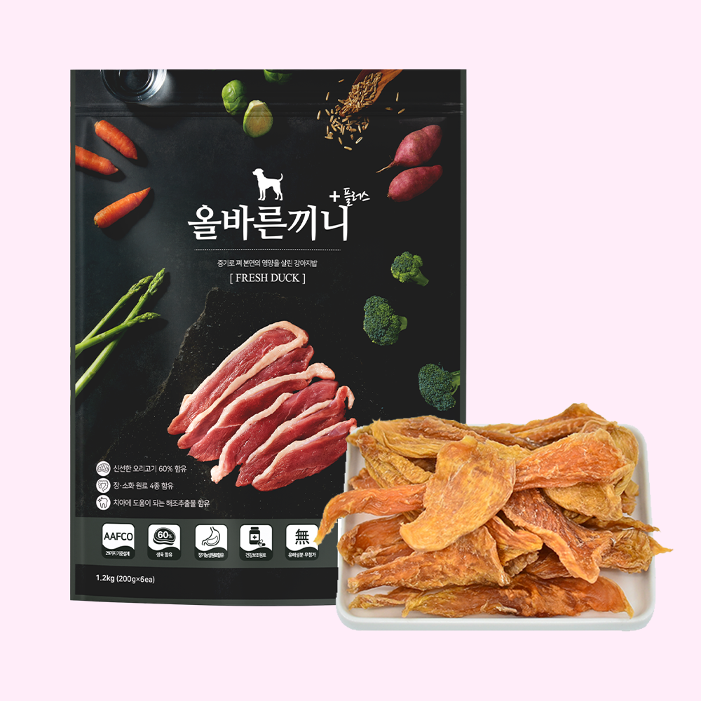 올바른끼니 플러스 오리 본품 + 치킨가슴살육포 강아지사료 안먹을때 기호성 좋은 애견 눈물사료 간식 혼합 세트 - 상품 이미지