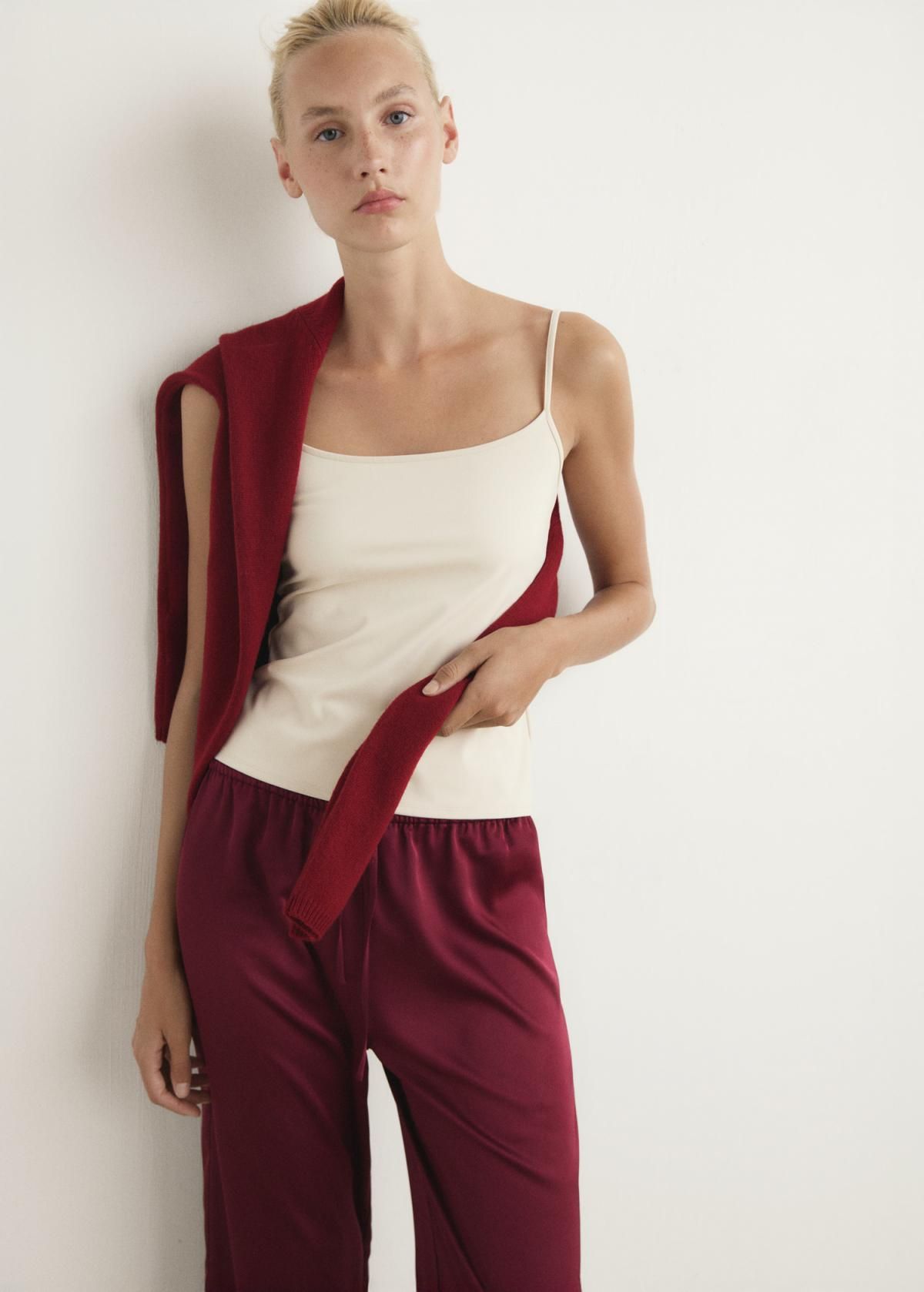 망고 새틴 와이드 웨이스트 밴딩 팬츠 17077127 ROJO - 상세 이미지 4