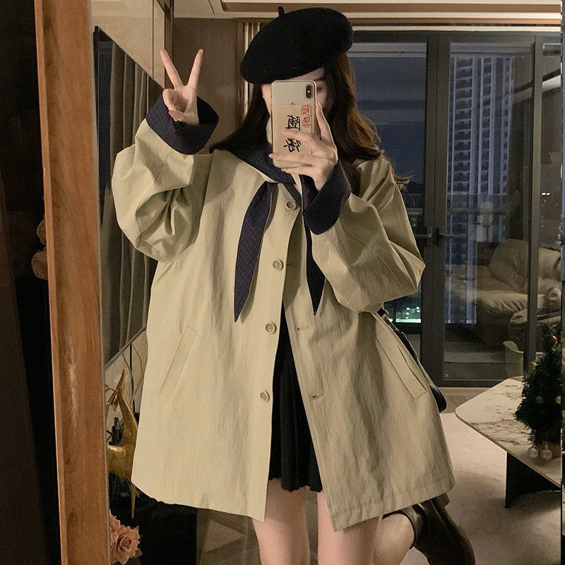 여성 빅사이즈 후드 탈부착 체크 배색 와이드 소매 루즈핏 카라 트렌치코트 간절기 바람막이 오버핏 아우터 가을 - 상세 이미지 3