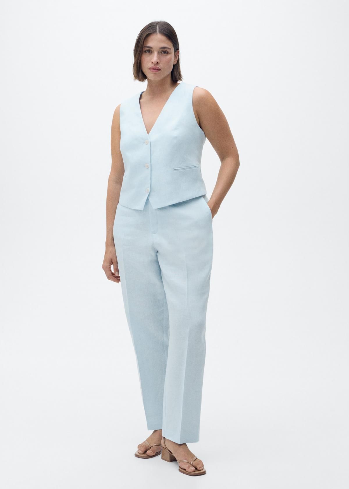 망고 프리미엄 린넨 하이웨이스트 테일러드 슬랙스 팬츠 87087162 AZUL CELESTE - 상세 이미지 5