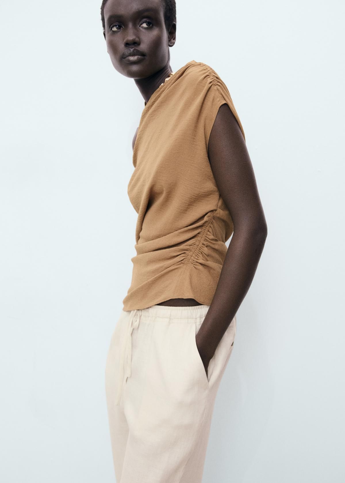 망고 린넨 하이웨이스트 밴딩 와이드 팬츠 17091162 GRIS CLARO/PASTEL - 상세 이미지 3