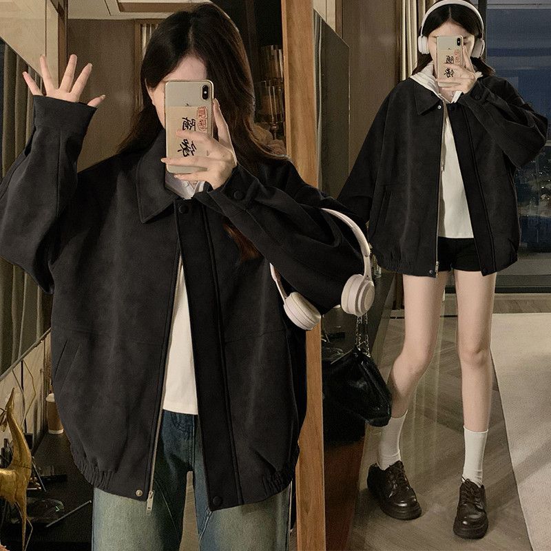 여성 오버핏 루즈핏 차이나 카라 집업 스웨이드 자켓 점퍼 밴딩 밑단 데일리룩 빅사이즈 봄 가을 캐주얼 아우터 - 메인 이미지