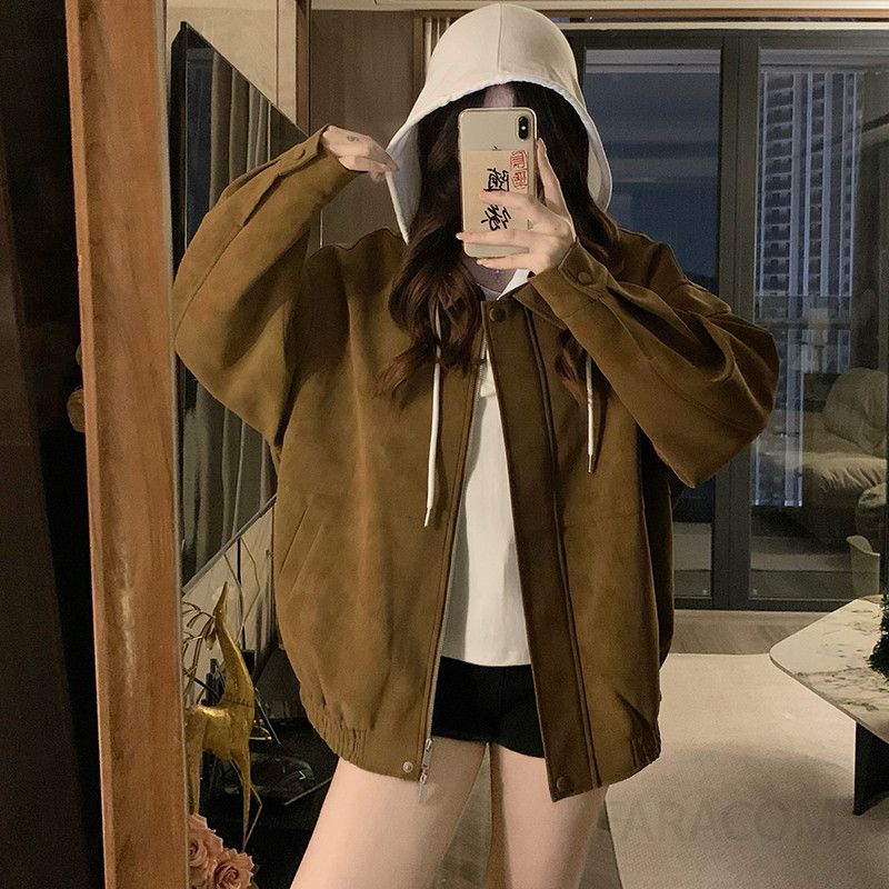 여성 오버핏 루즈핏 차이나 카라 집업 스웨이드 자켓 점퍼 밴딩 밑단 데일리룩 빅사이즈 봄 가을 캐주얼 아우터 - 상세 이미지 3