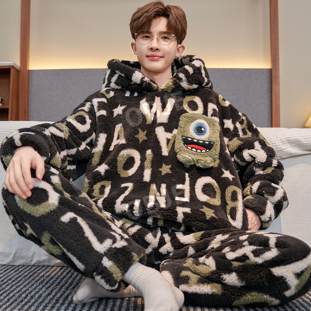 오브제 겨울 홈웨어 상하세트 후드형 남자 여자 잠옷 세트 융털 이미지 8