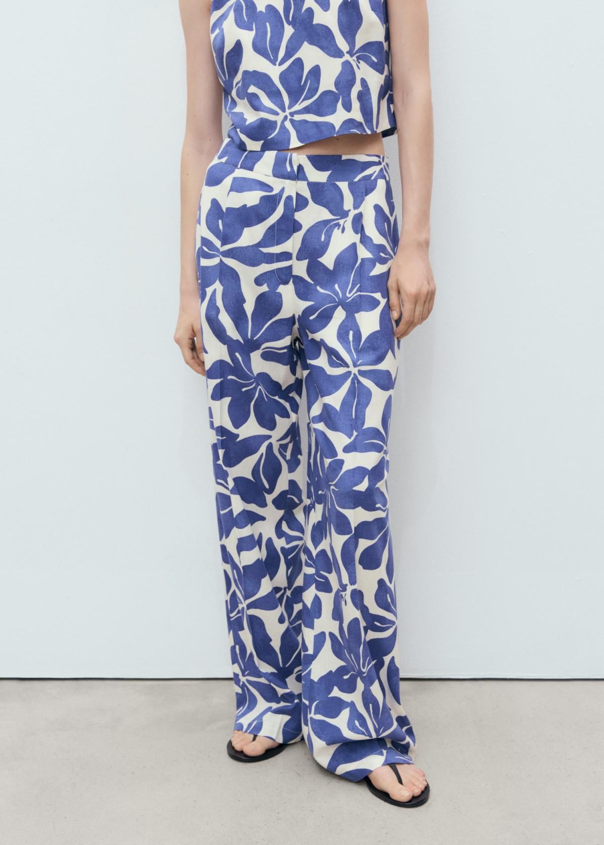 망고 플로럴 린넨 블렌드 와이드 팬츠 17061165 AZUL - 상품 이미지