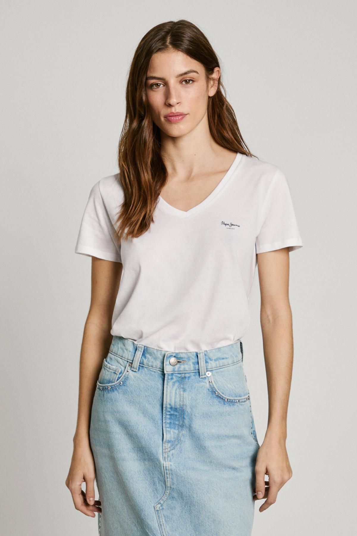 페페진스 베이직 브이넥 반팔 티셔츠 화이트 Pepe Jeans 로고 0149069 BLANCO - 상품 이미지