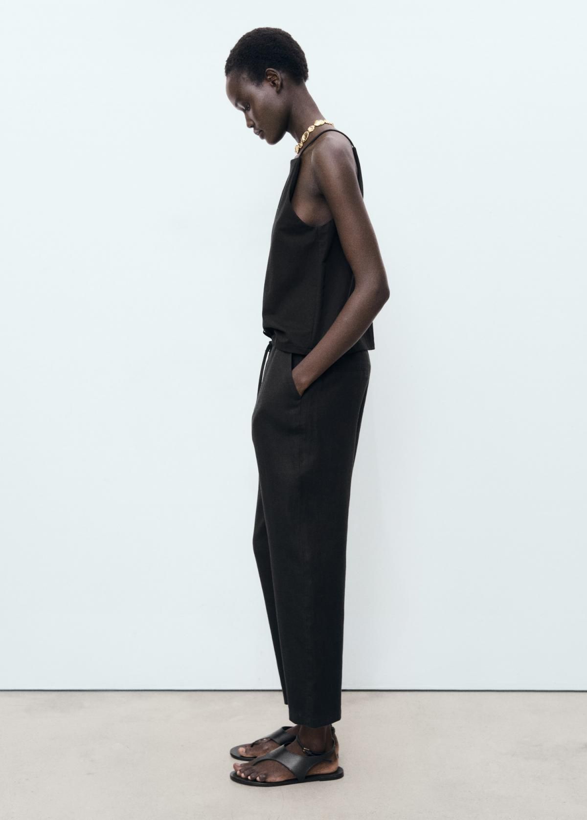 망고 쿨링 린넨 하이웨이스트 밴딩 와이드 팬츠 17091162 NEGRO - 상세 이미지 4